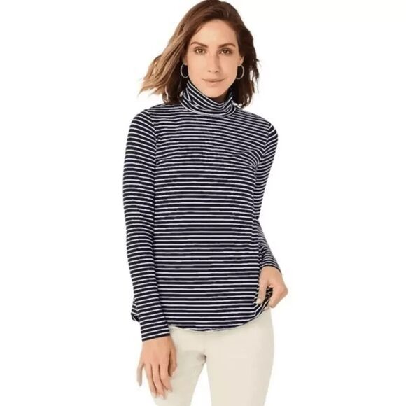 J. Jill Womens Luxe Supima Shirttail Turtleneck Top Size MP Striped Navy Blue - Picture 1 of 7